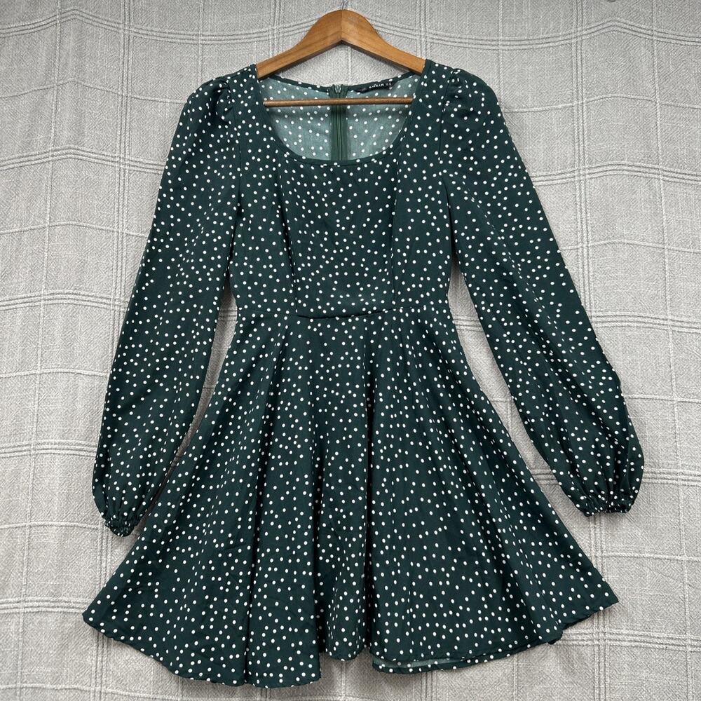 SHEIN Green Polka Dot Dress Size XS Square Neck Long Sleeve Flared Skater Mini